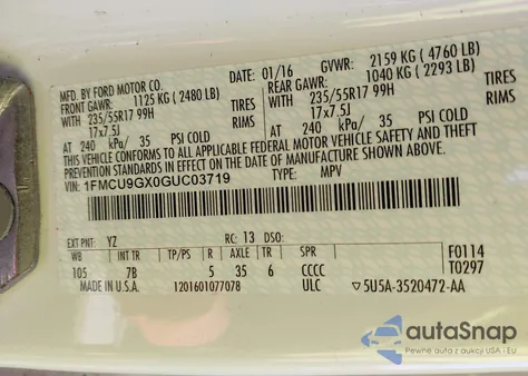 2016 Ford Escape Se z USA, uszkodzony, nr VIN 1FMCU9GX0GUC03719